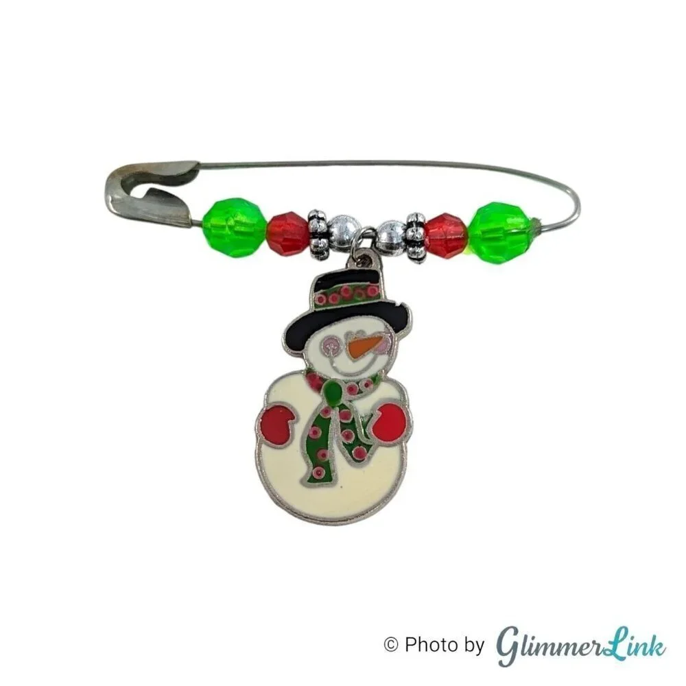 Vintage Snowman Dangle Beaded Christmas Holidays Silver Tone Pin